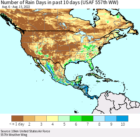 North America Number of Rain Days in past 10 days (USAF 557th WW) Thematic Map For 8/11/2022 - 8/15/2022