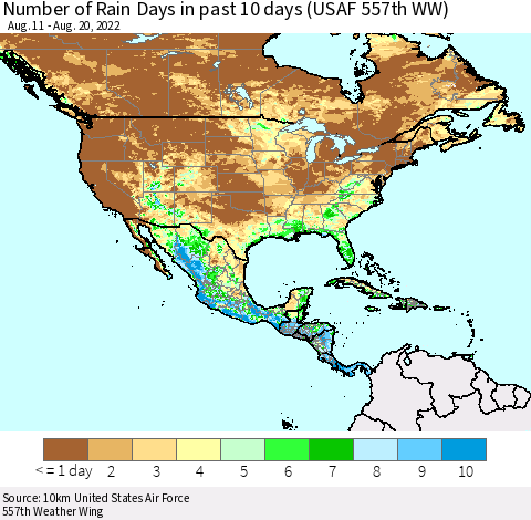 North America Number of Rain Days in past 10 days (USAF 557th WW) Thematic Map For 8/16/2022 - 8/20/2022