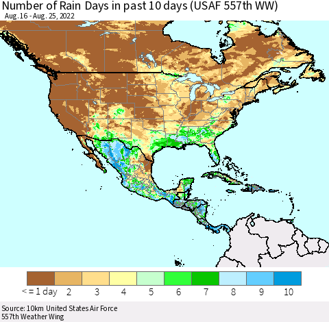 North America Number of Rain Days in past 10 days (USAF 557th WW) Thematic Map For 8/21/2022 - 8/25/2022