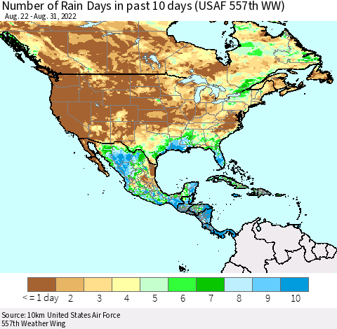 North America Number of Rain Days in past 10 days (USAF 557th WW) Thematic Map For 8/26/2022 - 8/31/2022