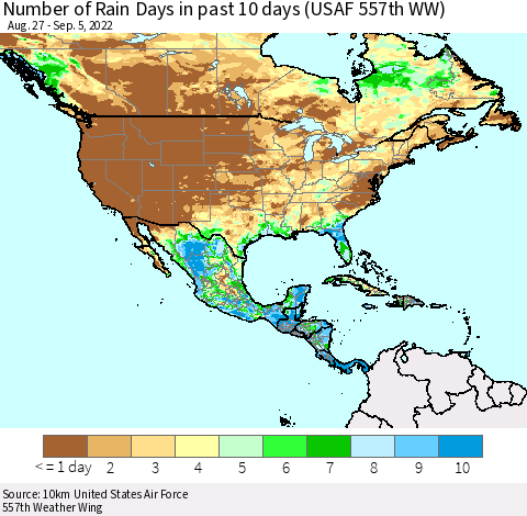 North America Number of Rain Days in past 10 days (USAF 557th WW) Thematic Map For 9/1/2022 - 9/5/2022
