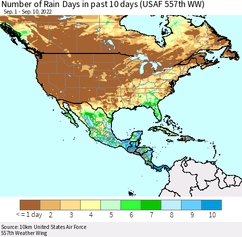 North America Number of Rain Days in past 10 days (USAF 557th WW) Thematic Map For 9/6/2022 - 9/10/2022