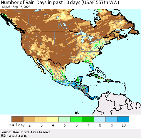 North America Number of Rain Days in past 10 days (USAF 557th WW) Thematic Map For 9/11/2022 - 9/15/2022