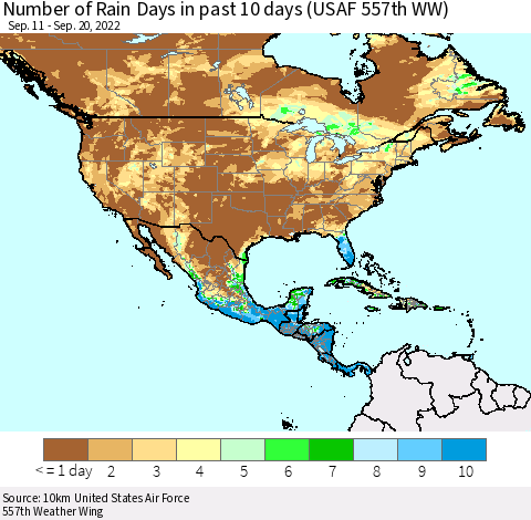 North America Number of Rain Days in past 10 days (USAF 557th WW) Thematic Map For 9/16/2022 - 9/20/2022