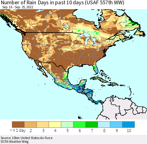 North America Number of Rain Days in past 10 days (USAF 557th WW) Thematic Map For 9/21/2022 - 9/25/2022