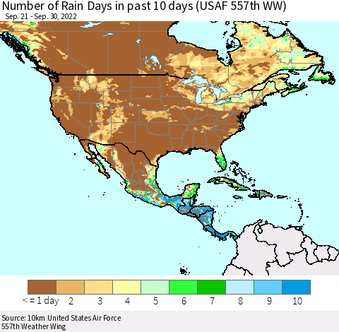 North America Number of Rain Days in past 10 days (USAF 557th WW) Thematic Map For 9/26/2022 - 9/30/2022