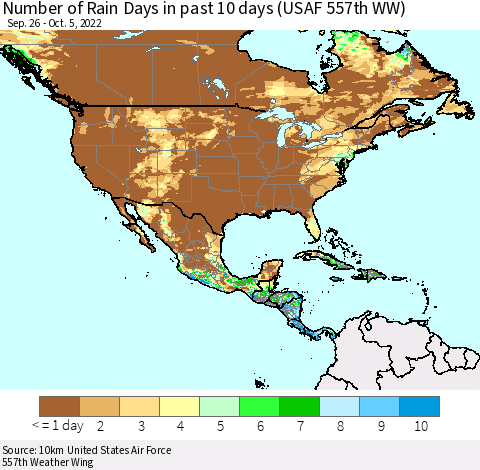 North America Number of Rain Days in past 10 days (USAF 557th WW) Thematic Map For 10/1/2022 - 10/5/2022