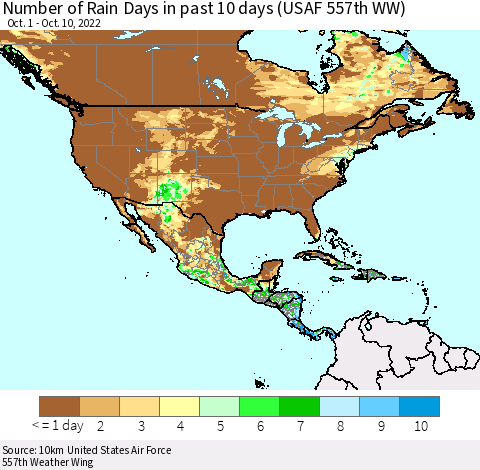 North America Number of Rain Days in past 10 days (USAF 557th WW) Thematic Map For 10/6/2022 - 10/10/2022