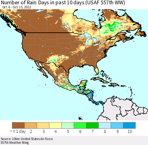 North America Number of Rain Days in past 10 days (USAF 557th WW) Thematic Map For 10/11/2022 - 10/15/2022