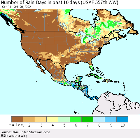 North America Number of Rain Days in past 10 days (USAF 557th WW) Thematic Map For 10/16/2022 - 10/20/2022
