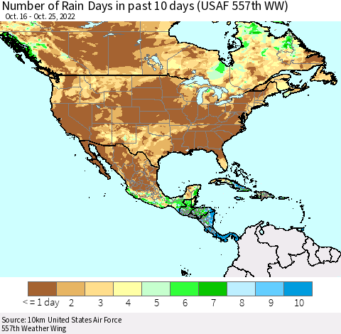 North America Number of Rain Days in past 10 days (USAF 557th WW) Thematic Map For 10/21/2022 - 10/25/2022