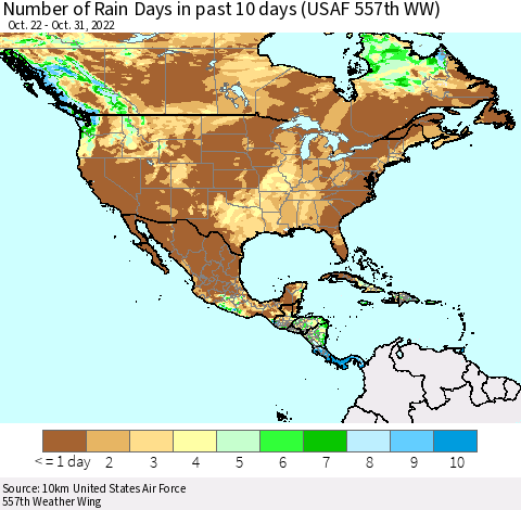 North America Number of Rain Days in past 10 days (USAF 557th WW) Thematic Map For 10/26/2022 - 10/31/2022