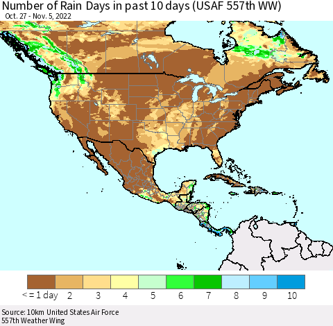 North America Number of Rain Days in past 10 days (USAF 557th WW) Thematic Map For 11/1/2022 - 11/5/2022
