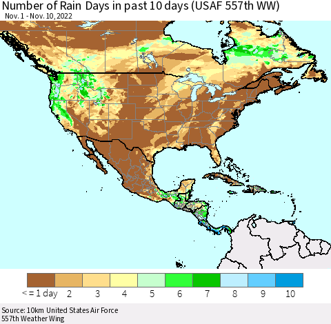 North America Number of Rain Days in past 10 days (USAF 557th WW) Thematic Map For 11/6/2022 - 11/10/2022