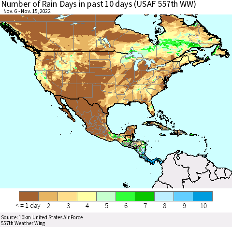 North America Number of Rain Days in past 10 days (USAF 557th WW) Thematic Map For 11/11/2022 - 11/15/2022