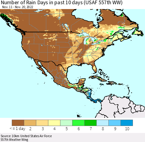 North America Number of Rain Days in past 10 days (USAF 557th WW) Thematic Map For 11/16/2022 - 11/20/2022