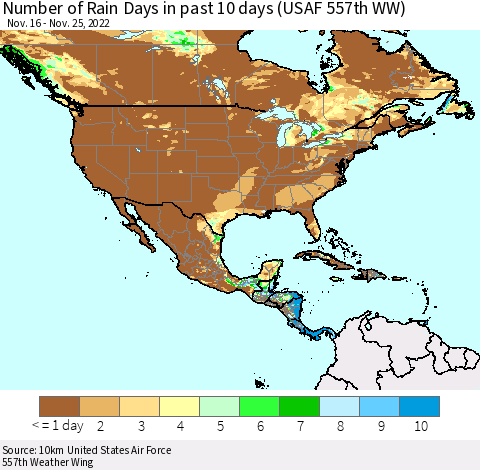 North America Number of Rain Days in past 10 days (USAF 557th WW) Thematic Map For 11/21/2022 - 11/25/2022