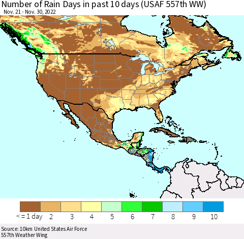 North America Number of Rain Days in past 10 days (USAF 557th WW) Thematic Map For 11/26/2022 - 11/30/2022