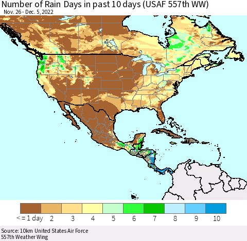 North America Number of Rain Days in past 10 days (USAF 557th WW) Thematic Map For 12/1/2022 - 12/5/2022