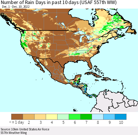 North America Number of Rain Days in past 10 days (USAF 557th WW) Thematic Map For 12/6/2022 - 12/10/2022