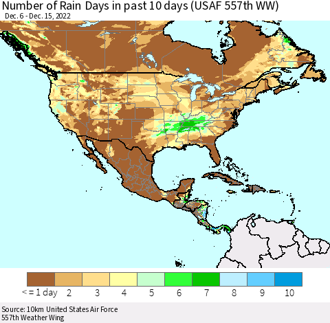 North America Number of Rain Days in past 10 days (USAF 557th WW) Thematic Map For 12/11/2022 - 12/15/2022