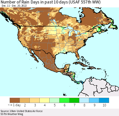 North America Number of Rain Days in past 10 days (USAF 557th WW) Thematic Map For 12/16/2022 - 12/20/2022