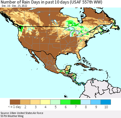 North America Number of Rain Days in past 10 days (USAF 557th WW) Thematic Map For 12/21/2022 - 12/25/2022