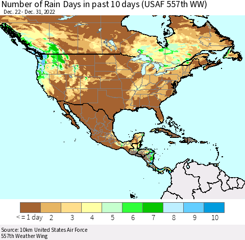 North America Number of Rain Days in past 10 days (USAF 557th WW) Thematic Map For 12/26/2022 - 12/31/2022