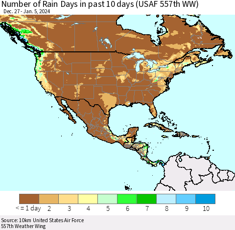 North America Number of Rain Days in past 10 days (USAF 557th WW) Thematic Map For 1/1/2024 - 1/5/2024