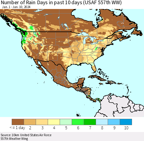 North America Number of Rain Days in past 10 days (USAF 557th WW) Thematic Map For 1/6/2024 - 1/10/2024