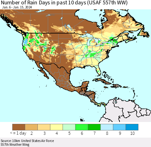 North America Number of Rain Days in past 10 days (USAF 557th WW) Thematic Map For 1/11/2024 - 1/15/2024