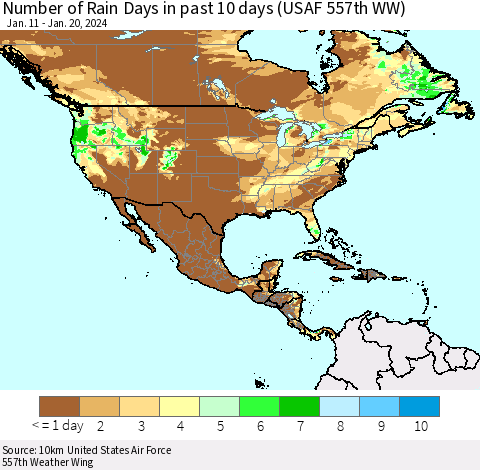 North America Number of Rain Days in past 10 days (USAF 557th WW) Thematic Map For 1/16/2024 - 1/20/2024
