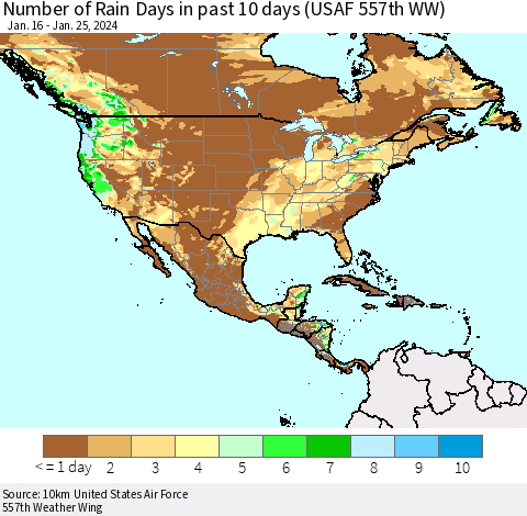 North America Number of Rain Days in past 10 days (USAF 557th WW) Thematic Map For 1/21/2024 - 1/25/2024