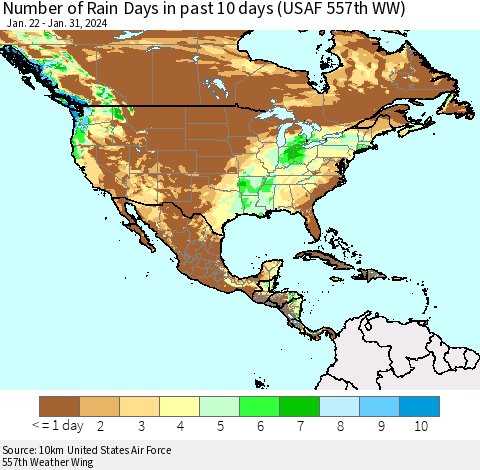 North America Number of Rain Days in past 10 days (USAF 557th WW) Thematic Map For 1/26/2024 - 1/31/2024
