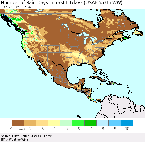 North America Number of Rain Days in past 10 days (USAF 557th WW) Thematic Map For 2/1/2024 - 2/5/2024