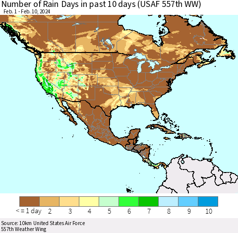 North America Number of Rain Days in past 10 days (USAF 557th WW) Thematic Map For 2/6/2024 - 2/10/2024