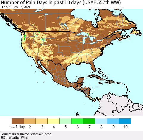 North America Number of Rain Days in past 10 days (USAF 557th WW) Thematic Map For 2/11/2024 - 2/15/2024