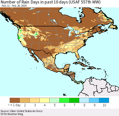 North America Number of Rain Days in past 10 days (USAF 557th WW) Thematic Map For 2/16/2024 - 2/20/2024