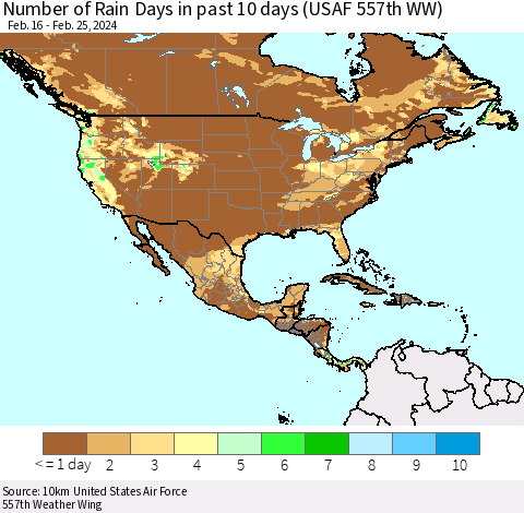 North America Number of Rain Days in past 10 days (USAF 557th WW) Thematic Map For 2/21/2024 - 2/25/2024