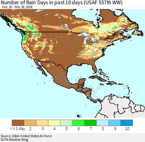 North America Number of Rain Days in past 10 days (USAF 557th WW) Thematic Map For 2/26/2024 - 2/29/2024