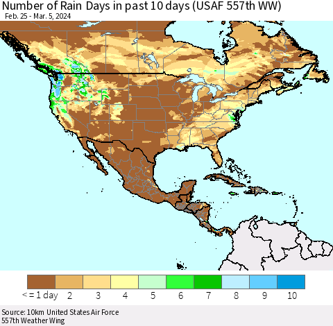 North America Number of Rain Days in past 10 days (USAF 557th WW) Thematic Map For 3/1/2024 - 3/5/2024