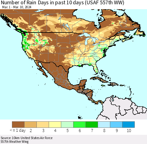 North America Number of Rain Days in past 10 days (USAF 557th WW) Thematic Map For 3/6/2024 - 3/10/2024