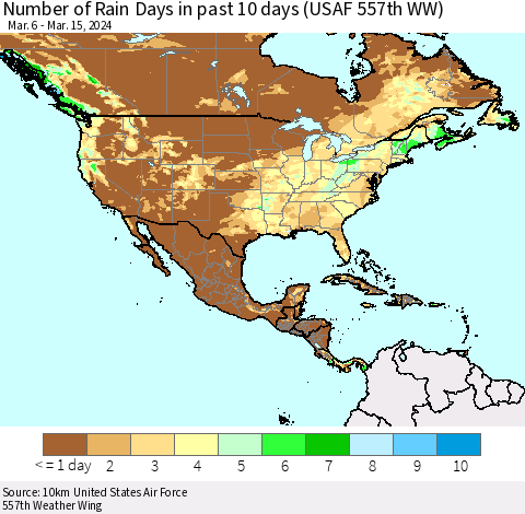 North America Number of Rain Days in past 10 days (USAF 557th WW) Thematic Map For 3/11/2024 - 3/15/2024