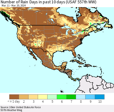 North America Number of Rain Days in past 10 days (USAF 557th WW) Thematic Map For 3/16/2024 - 3/20/2024