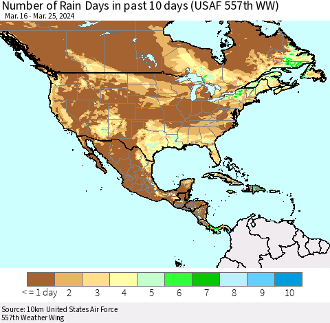 North America Number of Rain Days in past 10 days (USAF 557th WW) Thematic Map For 3/21/2024 - 3/25/2024