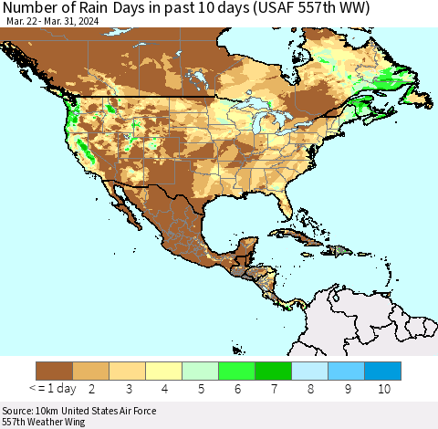 North America Number of Rain Days in past 10 days (USAF 557th WW) Thematic Map For 3/26/2024 - 3/31/2024