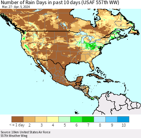 North America Number of Rain Days in past 10 days (USAF 557th WW) Thematic Map For 4/1/2024 - 4/5/2024