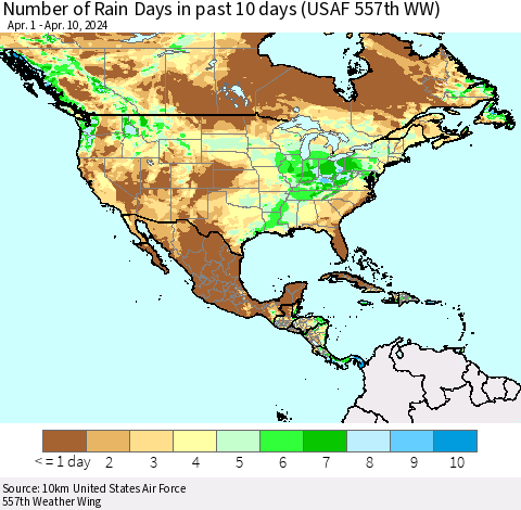North America Number of Rain Days in past 10 days (USAF 557th WW) Thematic Map For 4/6/2024 - 4/10/2024