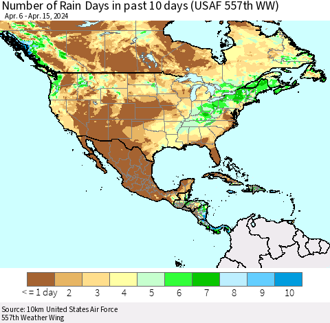 North America Number of Rain Days in past 10 days (USAF 557th WW) Thematic Map For 4/11/2024 - 4/15/2024