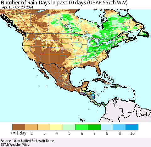 North America Number of Rain Days in past 10 days (USAF 557th WW) Thematic Map For 4/16/2024 - 4/20/2024